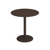 A simple, round, dark brown bistro bar table with a smooth top. It features a steel pedestal base and a flat, circular foot, all in matching dark brown. Perfect as an outdoor/indoor table, photographed against a plain white background.