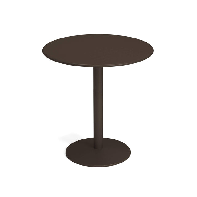A simple, round, dark brown bistro bar table with a smooth top. It features a steel pedestal base and a flat, circular foot, all in matching dark brown. Perfect as an outdoor/indoor table, photographed against a plain white background.