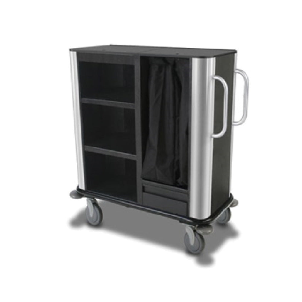Forbes Industries 2277 Plastic INROOM Housekeeping Suite Cart Three Shelves In A 24" W X 19" D X 40" H Black Cabinet With Rounded Stainless Steel Corners And Vertical Handles