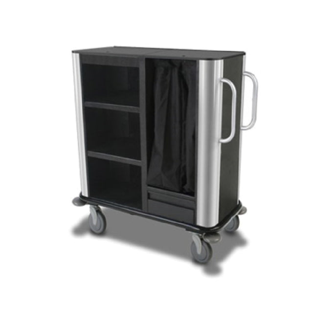 Forbes Industries 2277 Plastic INROOM Housekeeping Suite Cart Three Shelves In A 24" W X 19" D X 40" H Black Cabinet With Rounded Stainless Steel Corners And Vertical Handles