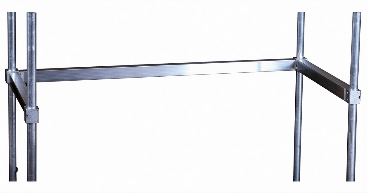 A close-up of an aluminum keg rack shows vertical and horizontal silver metal bars connected at right angles, forming a rectangular frame against a plain white background.