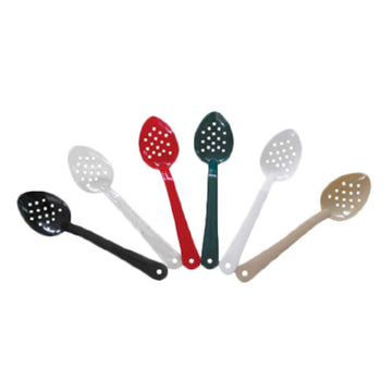 Assortment of Thunder Group polycarbonate serving spoons in multiple colors including black, red, green, clear, and tan
