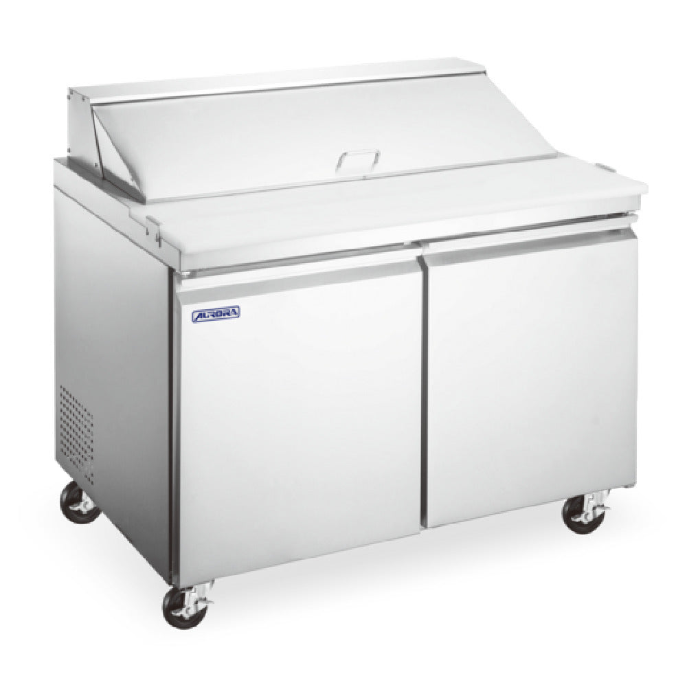 Omcan 59034 (PT-CN-0920E-HC) Aurora Refrigerated Prep Table Two-section Rear Mount Self-contained Refrigeration