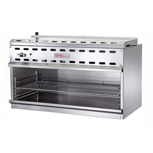 A stainless steel Empura cheese melter and salamander broiler with a perforated top panel, side control knob, wire rack, and drip tray. The open front unit uses natural gas and is ideal for professional kitchen use.