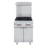 A commercial stainless steel gas range with four black burner grates, three control knobs in front, a raised backsplash, and two cabinet doors below stands on four legs against a white background, ideal for natural gas kitchens.