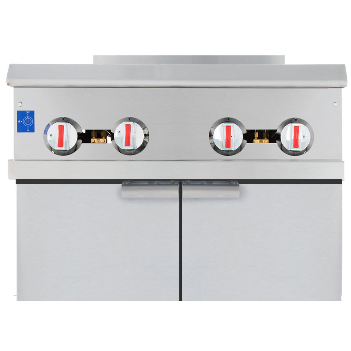 Front view of a commercial gas range with four control knobs, each featuring a white base and red handle, above two closed storage doors. A blue label with a white symbol is on the left side of the control panel.