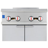 Front view of a commercial gas range with four control knobs, each featuring a white base and red handle, above two closed storage doors. A blue label with a white symbol is on the left side of the control panel.