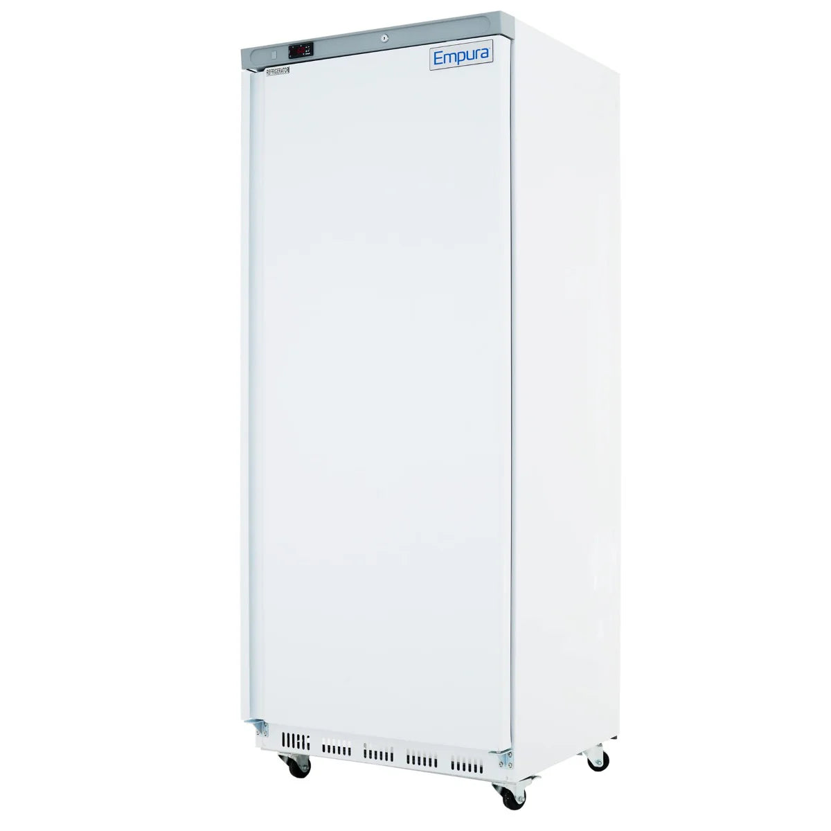 A tall, white Empura Refrigeration single-door commercial refrigerator on wheels is shown. The fridge features a digital display, bottom front ventilation slots, and a plain white background. The brand name appears on the top right corner.