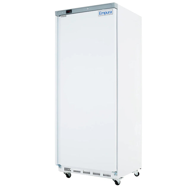 A tall, white Empura Refrigeration single-door commercial refrigerator on wheels is shown. The fridge features a digital display, bottom front ventilation slots, and a plain white background. The brand name appears on the top right corner.
