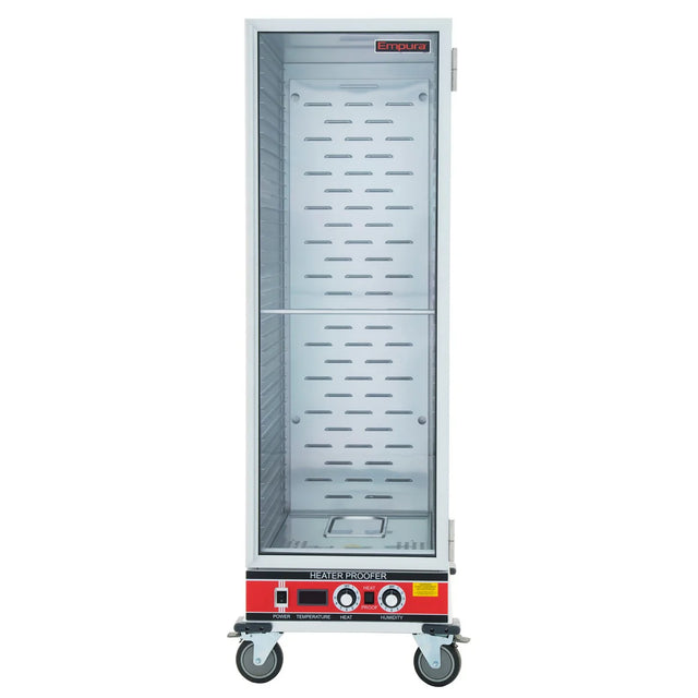 Front view of a tall, empty Empura Equipment full size heated cabinet on four wheels. The stainless steel proofer features a clear glass door, bottom control panel with dials and buttons, vented shelves inside, and a red Empura label at the top.
