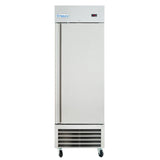 A tall, stainless steel Reach-In Freezer with a single door, digital temperature display, ventilation grilles at the bottom, and four caster wheels. The Empura label is visible at the top left of the unit.