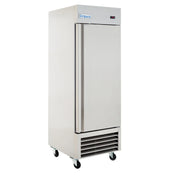 A tall, stainless steel commercial freezer with a single door, digital display, and vented grille at the bottom sits on four caster wheels for mobility. The Empura brand name is visible at the top of this Reach-In Freezer.