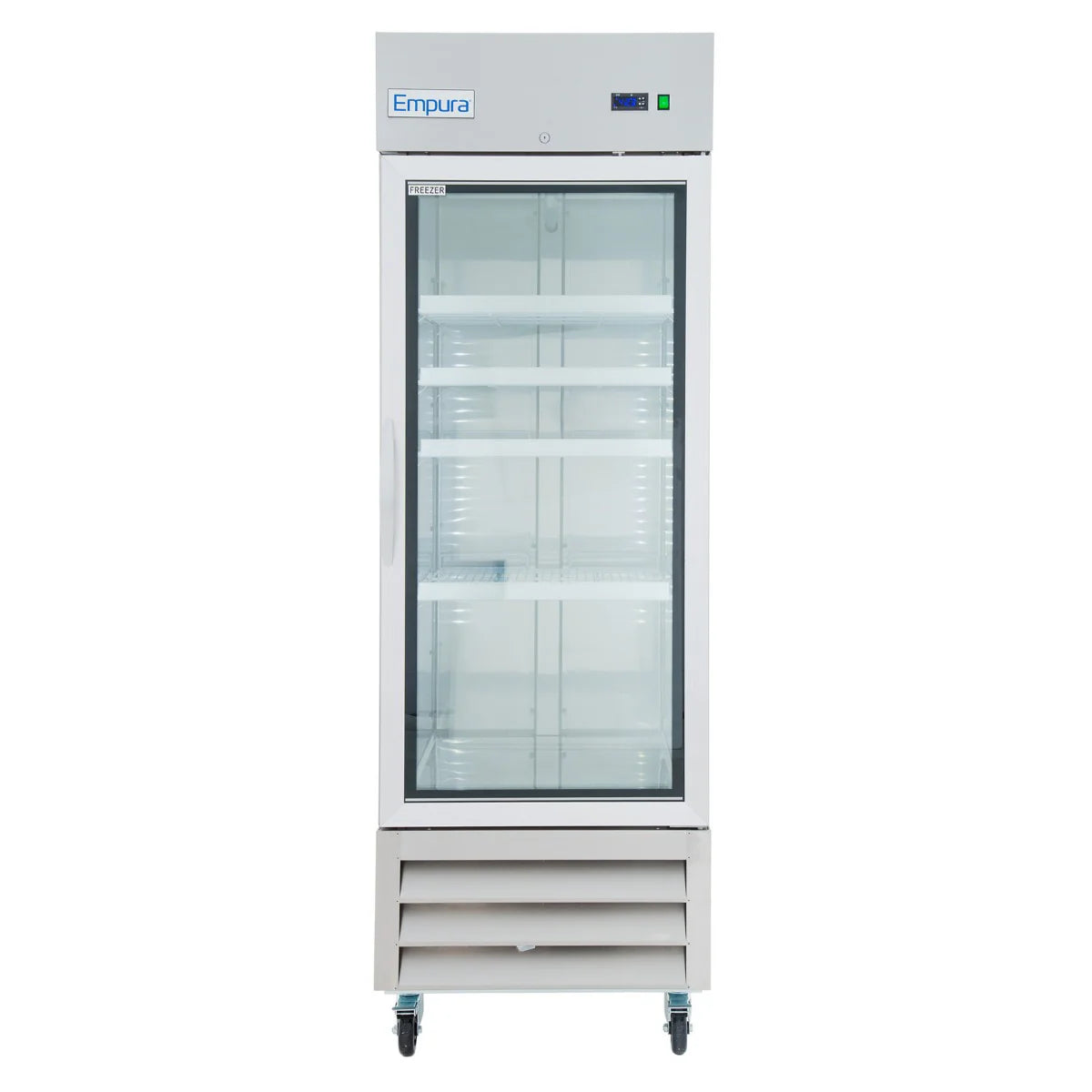 A commercial freezer with a glass door displays four empty white shelves inside. The silver reach-in freezer features a digital display, green indicator light on top, bottom vents and wheels. The brand Empura is labeled at the top left.