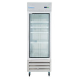 A commercial freezer with a glass door displays four empty white shelves inside. The silver reach-in freezer features a digital display, green indicator light on top, bottom vents and wheels. The brand Empura is labeled at the top left.
