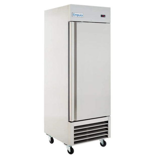 A tall, stainless steel Reach-In Refrigerator features a single solid door, digital display panel, four black caster wheels, and a vented panel below. The Empura Refrigeration brand name is clearly displayed on a blue-and-white label near the top.