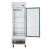 A tall Empura Refrigeration reach-in refrigerator with the brand name on top. The door is open, revealing empty stainless steel shelves inside. The white exterior features a vented section and wheels at the bottom for mobility.