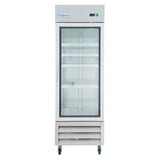 A tall, white commercial refrigerator with a glass door, four interior shelves, and a digital display at the top. This reach-in refrigerator stands on four wheels with Empura branding and features ventilation grilles on the lower section.