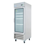 This Empura reach-in refrigerator features a single glass door, four interior shelves, ventilation grilles at the bottom, and sits on four caster wheels for easy mobility—ideal as a commercial refrigerator for any professional kitchen.