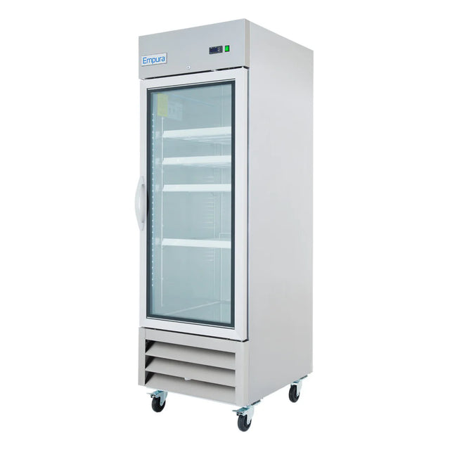 This Empura reach-in refrigerator features a single glass door, four interior shelves, ventilation grilles at the bottom, and sits on four caster wheels for easy mobility—ideal as a commercial refrigerator for any professional kitchen.