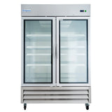 The Empura E-KB54FG is a commercial reach-in freezer with two clear glass doors and vertical handles. It features six adjustable white wire shelves, a vented bottom panel, four wheels, and the blue Empura logo on the upper left.