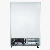A large, white, double-door Reach-In Refrigerator is shown with a vented section at the bottom exposing mechanical components and wiring. The Commercial Refrigerator has wheels for mobility and visible labels on the upper right and lower left corners.