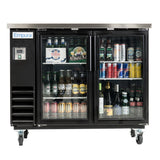An Empura Refrigeration Glass Door Cooler displays assorted beverages—bottled beers, canned sodas, wine, and energy drinks. This back bar cooler features two doors with metal handles, smooth-rolling wheels, and neatly organized rows of drinks.