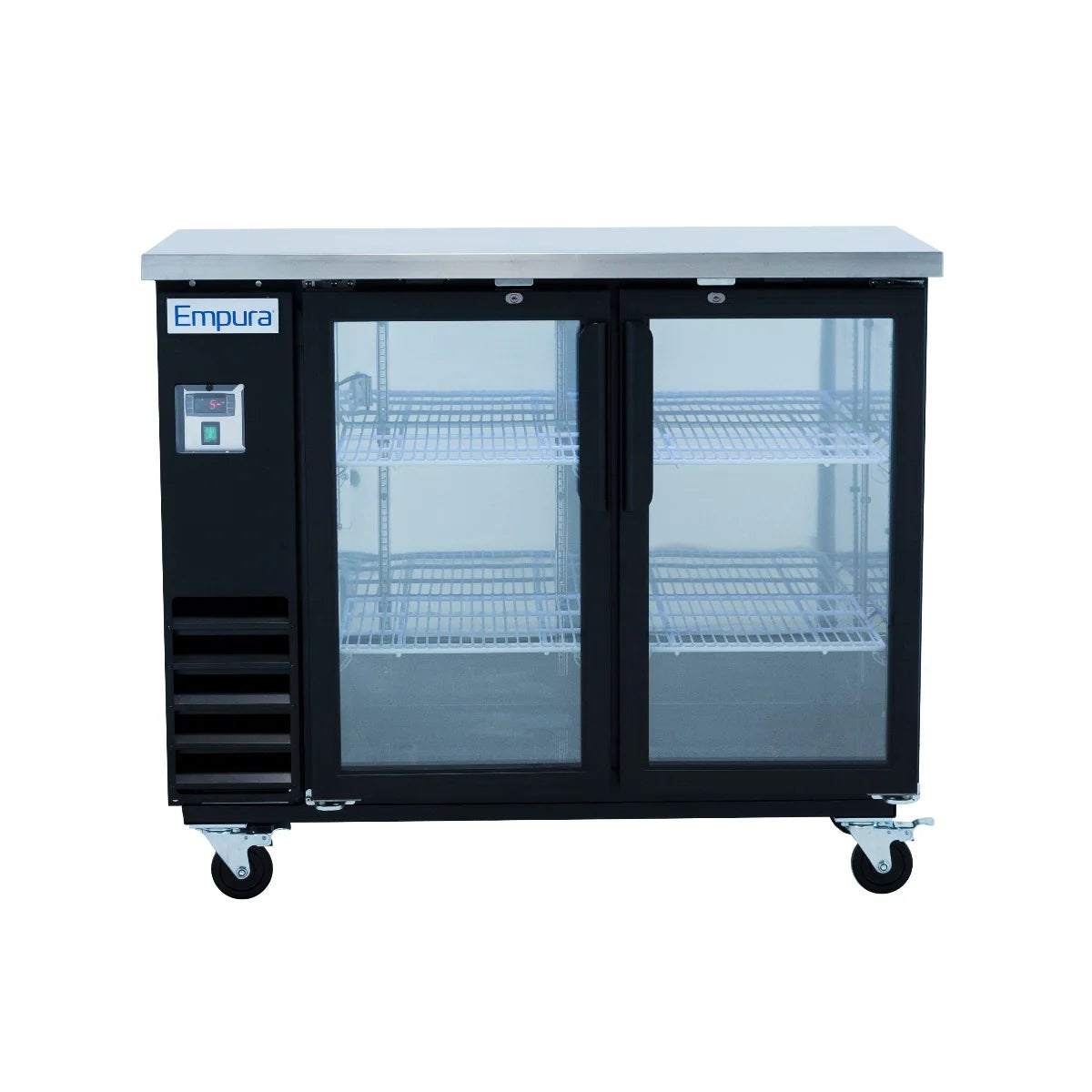 A commercial Glass Door Cooler with two clear glass doors, a stainless steel top, and a black body on four caster wheels. This Empura Refrigeration unit features two wire shelves per side and showcases the Empura logo above the control panel. The interior is empty.