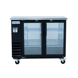 A commercial Glass Door Cooler with two clear glass doors, a stainless steel top, and a black body on four caster wheels. This Empura Refrigeration unit features two wire shelves per side and showcases the Empura logo above the control panel. The interior is empty.