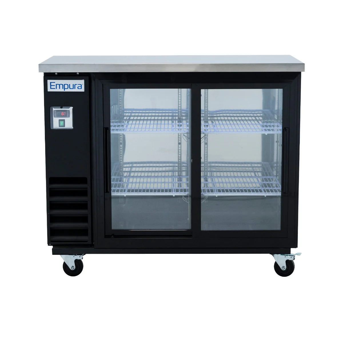 This Empura back bar cooler features commercial refrigeration, two sliding glass doors, four wire shelves, a black exterior, a lower left ventilation system, digital control panel, and caster wheels. The brand name sits on the upper left corner.
