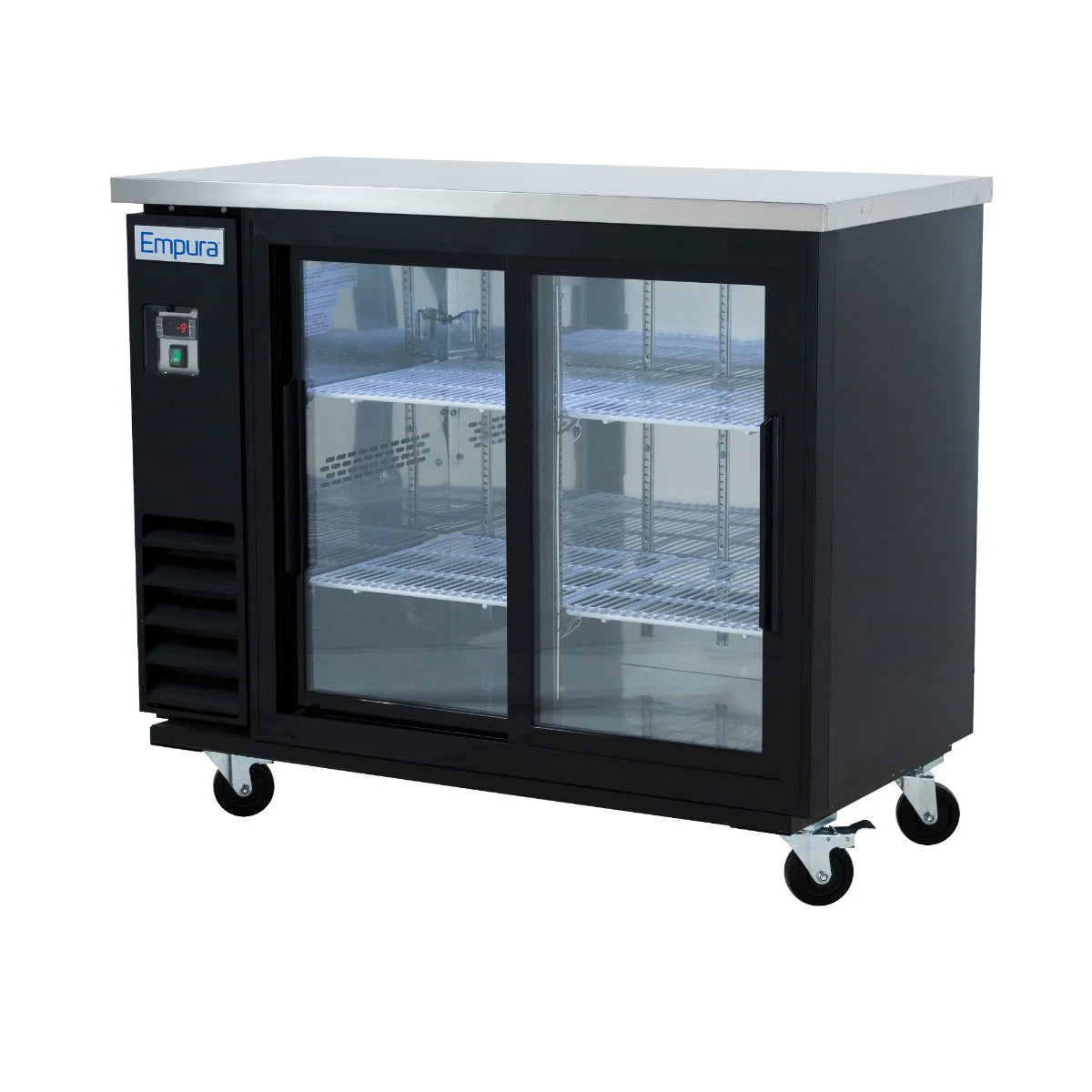 A commercial black Empura back bar cooler with two sliding glass doors, metal shelves inside, a stainless steel top, four caster wheels, and a side vented panel with power button, designed for under-counter or bar use.