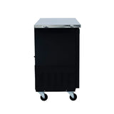 A black Empura Refrigeration back bar cooler with a stainless steel top is shown from the side. It stands on four caster wheels for mobility, features a vented panel near the bottom, and has a door handle on the right.