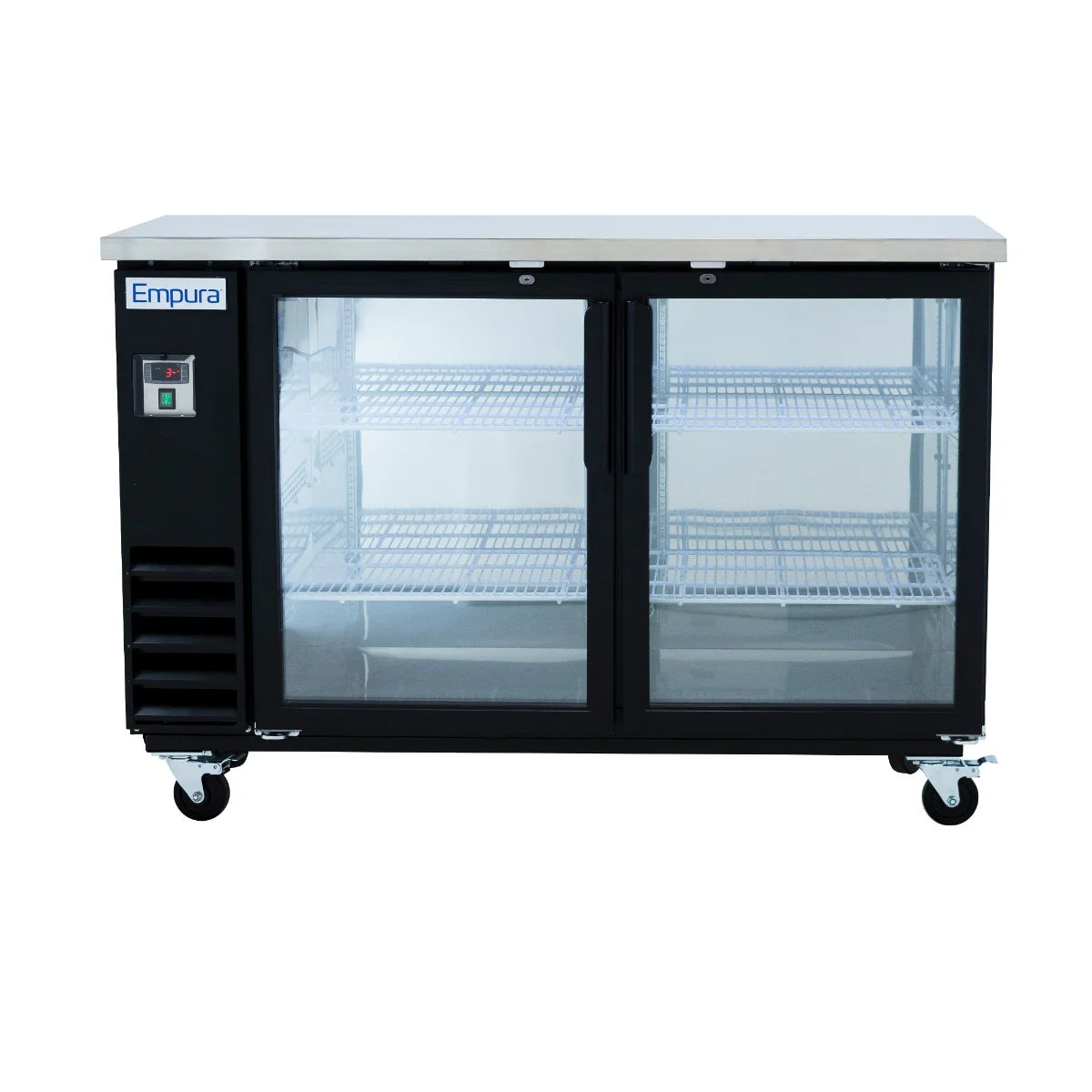 A commercial Empura Refrigeration glass door cooler with two glass doors, black frame, and four caster wheels. Inside, three white wire shelves offer storage. The control panel is on the left; the stainless steel top gleams above a brightly lit, empty interior.