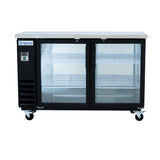A commercial Empura Refrigeration glass door cooler with two glass doors, black frame, and four caster wheels. Inside, three white wire shelves offer storage. The control panel is on the left; the stainless steel top gleams above a brightly lit, empty interior.