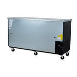 A large commercial Empura Refrigeration stainless steel back bar cooler on four caster wheels, featuring a flat top, vent, control panel on the bottom right side, and product warning labels. Designed for industrial use and easy mobility.