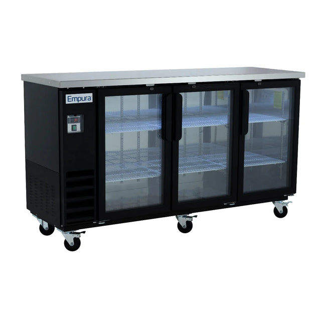 A commercial Empura Refrigeration Back Bar Cooler with a stainless steel top, three glass doors, interior shelves, and caster wheels for easy mobility. The black unit features a digital display, control panel, and interior lighting with empty shelves.