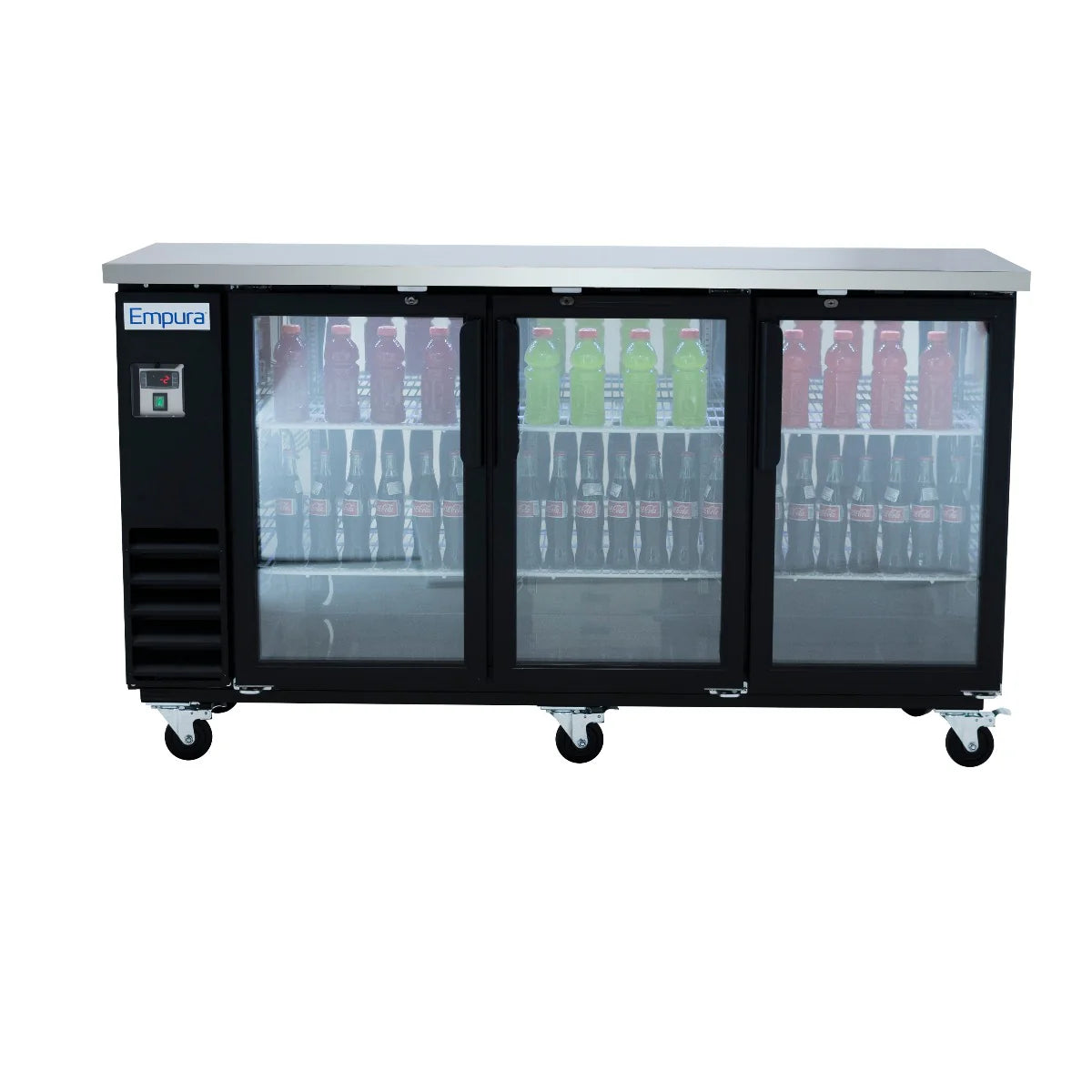 A black Empura Refrigeration Back Bar Cooler with three sliding glass doors, stocked with Coca-Cola and Sprite bottles, stands on wheels. The cooler has a stainless steel top and a digital control panel on the left side.