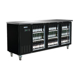 A black Empura Refrigeration Back Bar Cooler with three glass doors and metal handles, displaying shelves stocked with bottled drinks. The fridge is on four caster wheels for mobility and features a digital control panel on the left side.