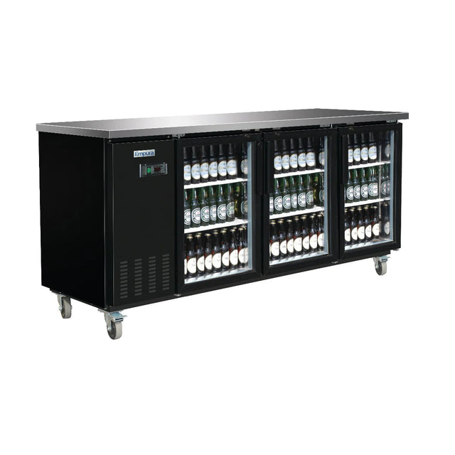 A black Empura Refrigeration Back Bar Cooler with three glass doors and metal handles, displaying shelves stocked with bottled drinks. The fridge is on four caster wheels for mobility and features a digital control panel on the left side.