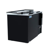 A black Empura Refrigeration bottle cooler with stainless steel sliding doors, side vents, a recessed handle, and a blue Empura logo on the front. The cooler sits on small wheels for easy movement.