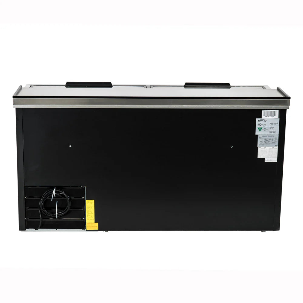 The Empura bottle cooler is a commercial refrigeration unit featuring a flat stainless steel sliding top, two handles, and a vented section with power cord on the lower left. Manufacturer and certification labels are visible on the right side.