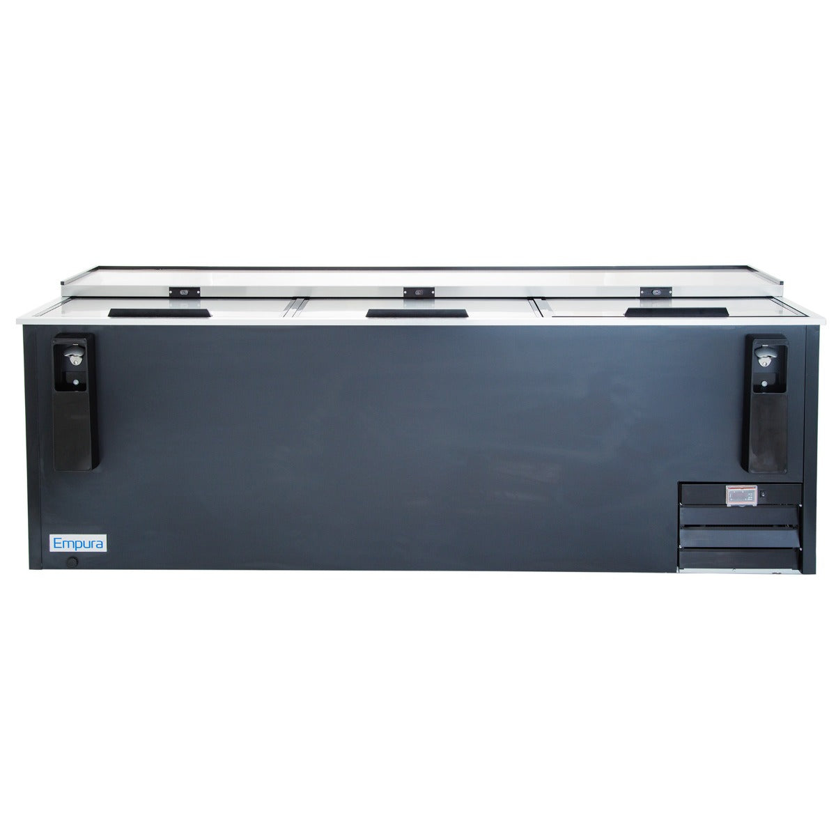 A commercial black and silver bottle cooler with three sliding lid openings on top, built-in bottle openers on each end, a vented panel on the lower right side, and 29 cu. ft. capacity. The rectangular cooler is labeled “Empura” on the bottom left corner.