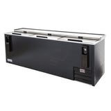 A large, black Empura bottle cooler with 29 cu. ft. capacity, featuring three sliding lids on top, two built-in bottle openers on the front, and a vented refrigeration unit—sleek and ideal for bars or restaurants.