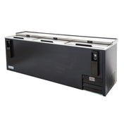 A large, black Empura bottle cooler with 29 cu. ft. capacity, featuring three sliding lids on top, two built-in bottle openers on the front, and a vented refrigeration unit—sleek and ideal for bars or restaurants.