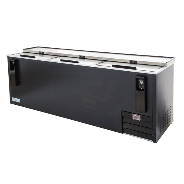 A large, black Empura bottle cooler with 29 cu. ft. capacity, featuring three sliding lids on top, two built-in bottle openers on the front, and a vented refrigeration unit—sleek and ideal for bars or restaurants.