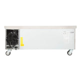 A commercial refrigeration unit by Empura Refrigeration shown from the back, featuring a large cooling fan, left-side vent, white metal body, information labels, and four gray caster wheels—ideal for pairing with a stainless steel equipment stand.