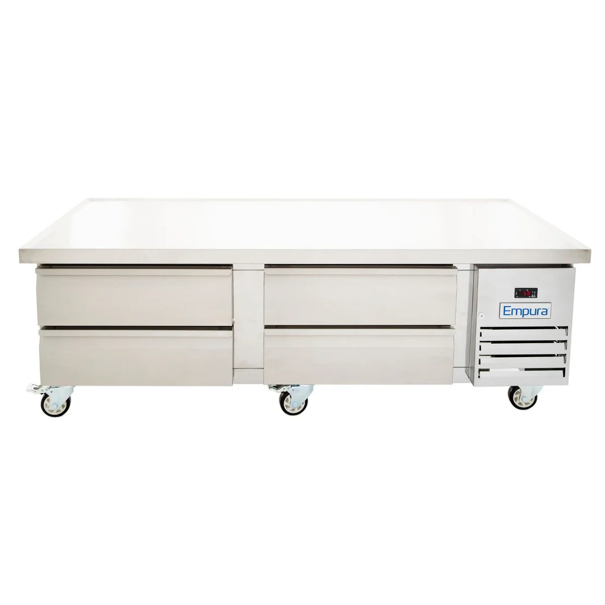A stainless steel refrigerated equipment stand with four drawers, caster wheels, a digital control panel on the right, vented grill, and Empura logo. The flat surface is ideal for food prep in any kitchen or restaurant setting.