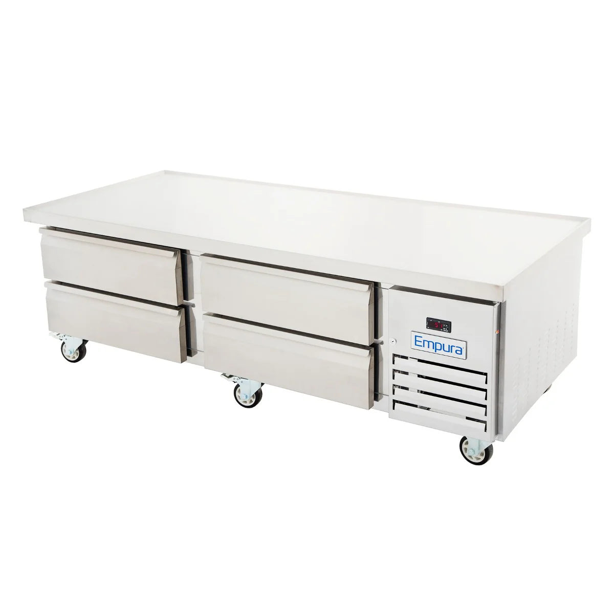 A commercial stainless steel refrigerated stand with six pull-out drawers, sturdy construction, a flat top surface, four caster wheels, and a digital control panel on the right featuring Empura refrigeration.