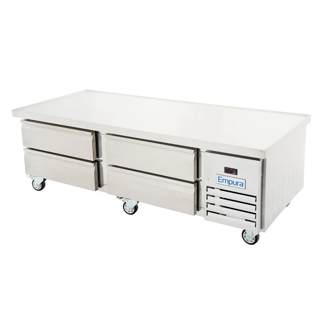 A commercial stainless steel refrigerated stand with six pull-out drawers, sturdy construction, a flat top surface, four caster wheels, and a digital control panel on the right featuring Empura refrigeration.
