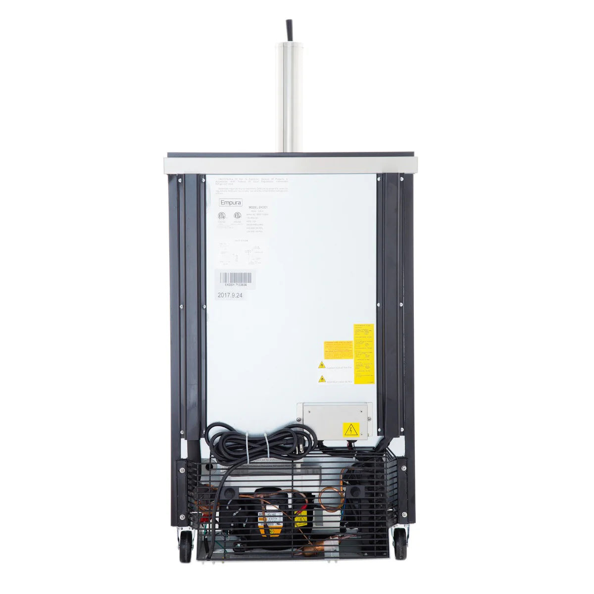 A commercial ice cream machine viewed from the back, similar in design to an Empura Refrigeration beer dispenser. The lower section exposes mechanical and electrical components, with visible wiring, ventilation grilles, and wheels at the base.