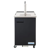 A black and stainless steel Empura Refrigeration portable Direct Draw Beer Dispenser with a single beer tap tower on top, front caster wheels, a door handle, and Empura branding at the bottom right corner.